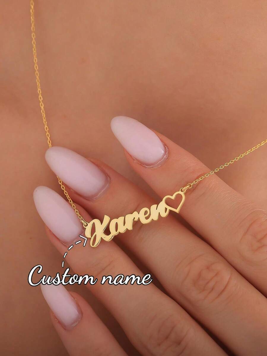 Personalized Matte Name Heart Necklace, Stainless Steel Pendant Customized Letter Necklace, Birthday Jewelry Gift For Women - Gold - Normal Chain 2 - View 1