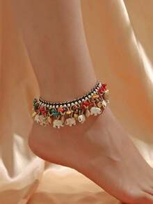 1pc Boho Style Turquoise Copper Accessory, Thai Wax Cord Braided Original Clothing Accessory With Elephant Anklet, Suitable For Women's Daily & Holiday Outfit - 大象腳鍊 - 查看 2