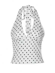 1 Piece White Polka Dot Tie Detail Halter Top, Sexy Chic Backless Open Back Crop Top For Women, Perfect For Party, Date Night And Vacation - 白色 - 查看 13