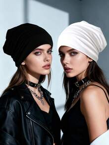 2pcs Women's Solid Color Double-Layer Beanie Hats, All-Match Style, Fashion & Versatile,Summer,Beach,Holiday,Travel - Black+White - View 2
