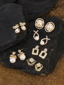 Opalesca 6 Pairs/Set Chic Luxury Faux Pearl Bowknot Rhinestone Cross Geometric Square Earrings, Vintage Fashion Earring Set Suitable For Women Daily & Festival Wear - Multicolor - View 2