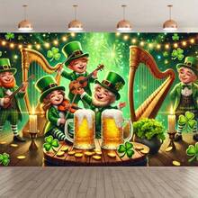 1pc St. Patrick's Day Background Fabric With Background Design Of Wine Glasses And Clover Elves, Polyester Fabric Suitable For Parties, Patios, Home Front Decorations And Photo Shoot Background Decorations - Multicolor - View 7