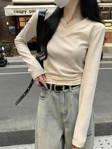 Áo lót dài tay cổ tròn xếp ly màu trơn dành cho nữ, thích hợp cho mùa thu sớm, phong cách thường ngày. - Màu be - Xem 3