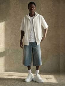 男士休闲连帽短袖T恤，针织连帽衫，夏季 - 白色 - 查看 1