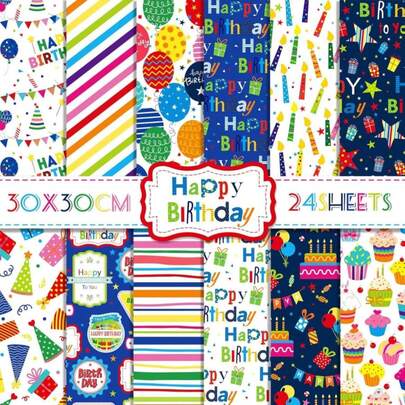 24 Sheets Happy Birthday Double Sided Scrapbook Paper Pad, Colorful Birthday Celebration Decorative Paper For Card Making Art Album Craft DIY For Birthday Party Supplies, 118 X 118 Inches