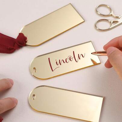 10/20/50pcs Blank Acrylic Tent-Shaped Wedding Place Cards (With Or Without Ribbon), Arch-Shaped Luggage Tags, Gold Mirror Acrylic Seat Number Plates, Wedding Reserved DIY Table Numbers/Guest Name Cards, Suitable For Wedding Decor Seating Labels, Parties, Dinners And Banquets, Wedding Supplies, Ramadan Ceremony Supplies