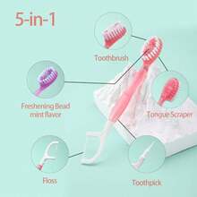 JOUGE Mini Disposable Toothbrushes With Toothpaste 5 In 1 Travel Toothbrush Individually Wrapped Portable With Toothpaste + Tongue Scraper + Picks+Floss Travel Case 26pcs(Peach, 26) - MàuD - Xem 1