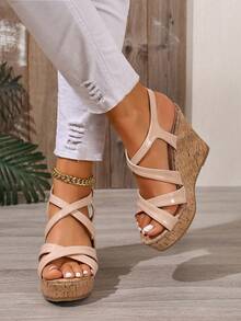Giày sandal đế xuồng nữ quai chéo, thoải mái, hở mũi, đế cao, kiểu dáng thường ngày, thanh lịch, chất liệu cork, thích hợp cho ngày Valentine, mua sắm, nghỉ mát, mùa hè, đi làm. - Màu Khaki - Xem 1
