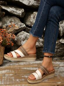 Women's European & American Style Woven Straw Rope Thick Sole Hollow Wedge Sandals, Casual Vacation Wear Summer Sandals - White - View 3