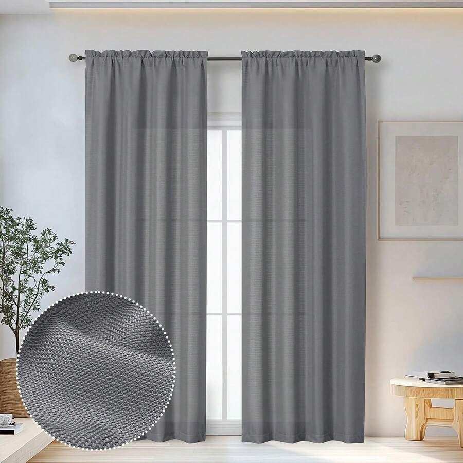 72 Inch Length 2 Panels Set Living Room Bedroom, Filtering Faux Slub Textured Window Curtain Panels, Solid Airy Soft Rod Pocket French Door Drapes, 2 Pcs 40Wx72L, Window Treatments - 深灰色 - 查看 1