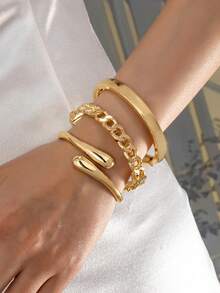 Set de 3 piezas/1 pieza de pulseras de aleación de zinc con textura geométrica hueca y forma de gota de agua, de estilo minimalista y elegante, adecuado para mujeres, accesorio delicado, regalo para el Día de San Valentín, Día de la Madre, Boda - Amarillo Oro - Ver 1