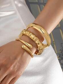 3pcs/1pc Fashionable Exquisite Minimalist Golden Geometric Hollow Textured Metal Bangle Set, Suitable For Women, Delicate Accessory, Gift For Valentine's Day, Mother's Day, Wedding - Yellow Gold - View 1