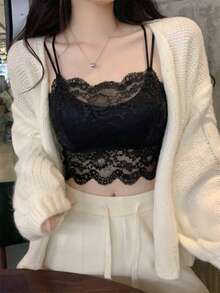 2026 Primavera/Estate Canotta corta con spalline a spaghetti in pizzo nero - Elegante e sexy top/t-shirt da donna in tessuto trasparente con motivo floreale, aderente e con schiena scoperta | Adatto per ragazze adolescenti, abbigliamento da spiaggia, strati, perfetto per San Valentino/Pasqua/Festa della Mamma/uscite serali/raduni casual del fine settimana - nero - Visualizzare 3