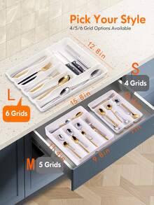1pc Flatware Organizer Box, Silverware Storage Box, Kitchen Drawer Storage Tray, Flat Cutlery Organizer, Made Of Plastic PP Material, Suitable For Kitchen Countertop, Cabinet Drawer Storage, Compartment Organizer For Utensils, Chopsticks And Tools - White - View 8