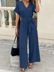 Women's Jumpsuit Casual Short Sleeve Wrap V Neck Belted Wide Leg Pants - 藏蓝色 - 查看 6