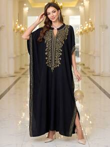 Black Embroidered Dress Thobe For Women House Dress Kaftan - Black - View 8