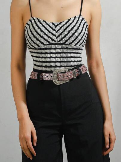 1 chiếc thắt lưng denim kiểu Âu & Mỹ dành cho nữ, đính đá, thắt lưng da phong cách punk, phụ kiện thời trang.