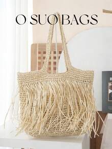 1pc Fashionable Casual Vacation Style Large Capacity Solid Color Hollow Paper Woven Tote Bag, With Big Tassel, Lightweight Foldable, Dual Handles, Women Paper Woven Beach Bag, Suitable For Vacation, Daily Commute, Shopping With Friends, Matches Well With Fashionable Outfits - Multicolor - View 2