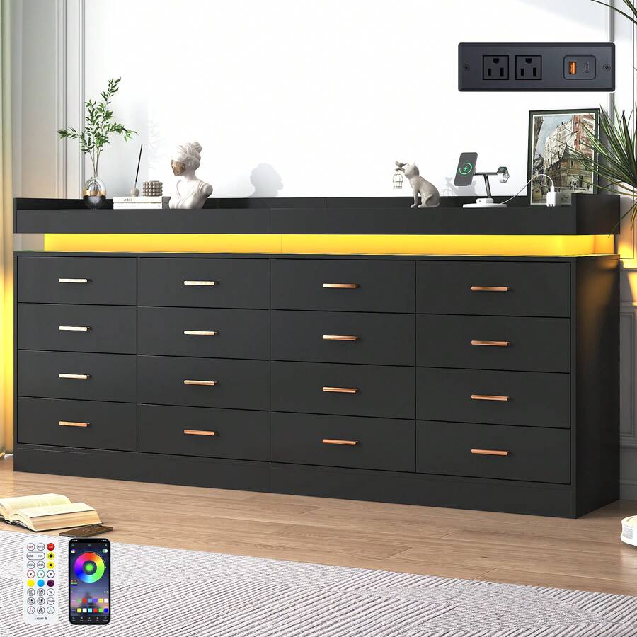 16 Drawer Dresser With Charging Station And USB Powered LED Lights, Modern Chest Of Drawers With Power Outlet, Organizer Cabinet For Bedroom, Living Room - View 1