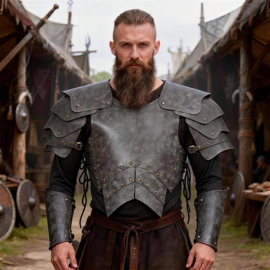 一套中世纪维京复古PU皮革手工铆钉战士盔甲胸甲肩甲服装，嘉年华舞台服装，北欧维京战士角色扮演凶猛盔甲套装 - 灰色 - 查看 1