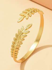 1pc Women's Bracelet, Summer Beach Wear Non-Fading 18K Gold Plated Stainless Steel Wheat Ear Open Cuff Bracelet, Daily Accessory Gift - Yellow Gold - View 3