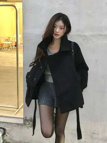 韩式双排扣立领大衣 - 黑色 - 查看 6