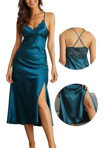 Women Silky Satin Nightgown Sexy Lace Chemise Lingerie Long Sleepdress For Ladies Sleepwear Slip Negligee 3073 - Blackish Green - View 3