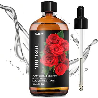 AURANY 玫瑰精油保湿身体及头发护理油，天然玫瑰萃取保湿面部护理油，滋养角质层及肌肤护理油（适用于干性肌肤），多用途美容油，100毫升