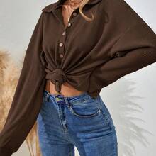 Women's Casual Brown Pullover Sweatshirt With Rib Knit Long Sleeves - Màu nâu  Mocha - Xem 5