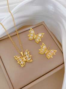 1 Set Stainless Steel Cubic Zirconia Butterfly Pendant Necklace And Earrings Jewelry Set, Versatile Luxury Party Design Necklace Earrings Jewelry, Gift Accessories, No Gift Box - Golden Butterfly - View 6