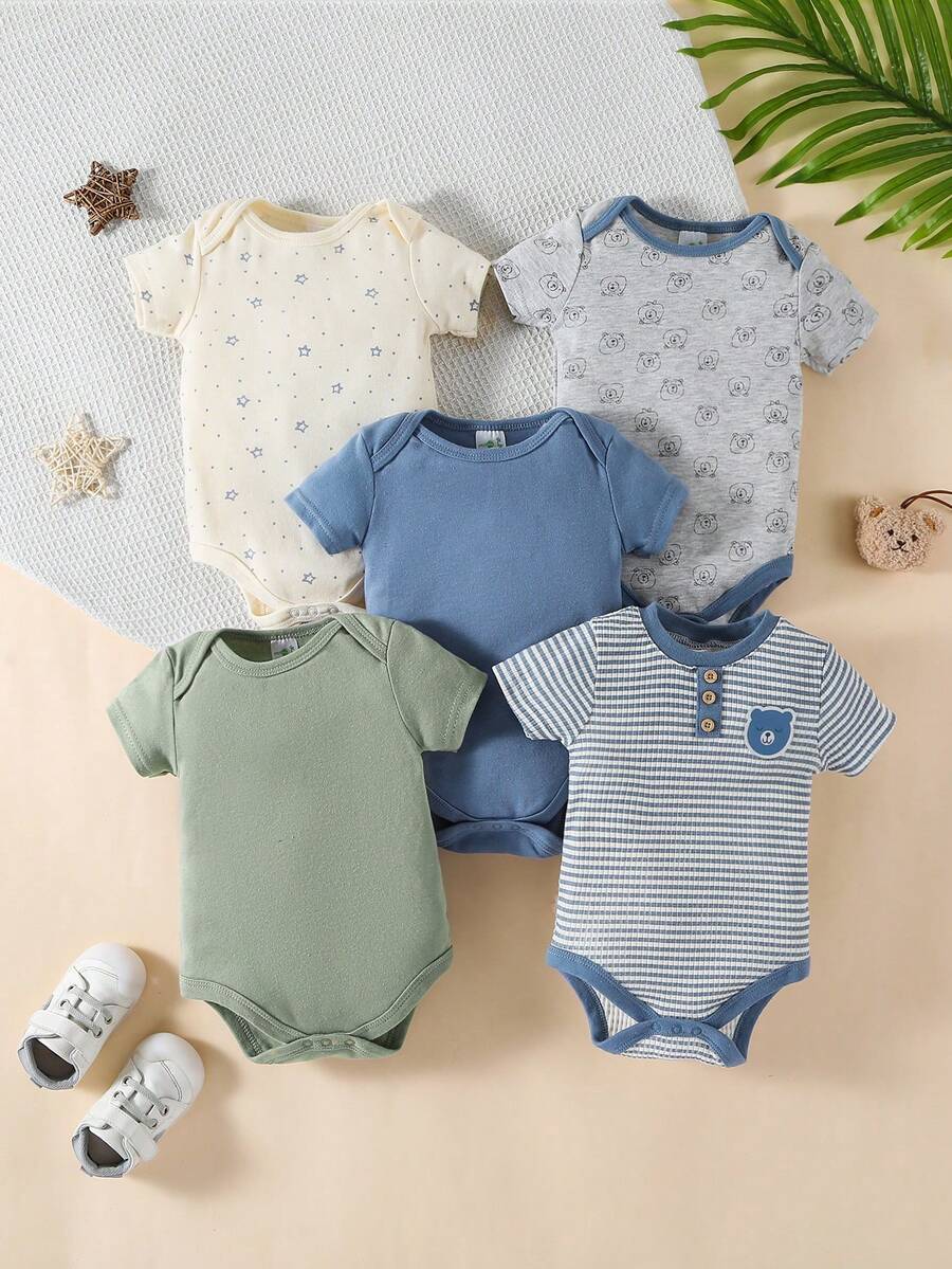 Set Of 5 Triangular Bodysuits For Newborns, Short Sleeves, And A Cute Striped Teddy Bear Print. Soft And Comfortable, Suitable For Boys And Girls, Ideal For Indoor And Outdoor Use. - Màu xanh lam - Xem 1