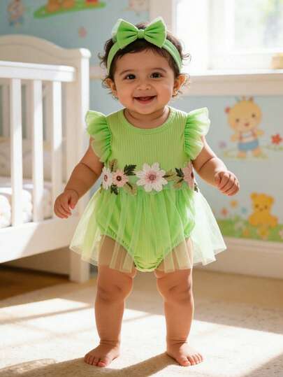 春夏新款女婴花卉刺绣连体衣，喇叭袖，腰部薄纱裙摆，蝴蝶结发带，适合室内外穿着