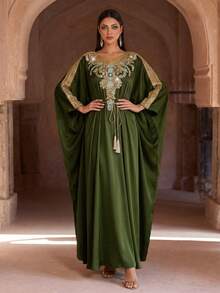 Luxury Pink Embellished Long Sleeve Kaftan Robe, Elegant Middle Eastern Style, Arabic Women Long Robe, Abaya, Modest And Graceful - Army Green - View 5
