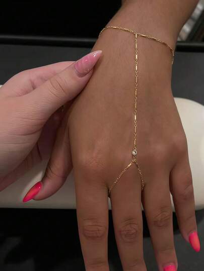 1pc Minimalist Cubic Zirconia Embedded Finger Chain Bracelet, Fashionable Jewelry For Women, Suitable For Daily, Date, Party And Gathering