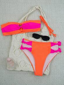 Bộ bikini hai mảnh phối màu tương phản 26SS dành cho nữ, kiểu cổ yếm khoét rỗng, dây đeo có thể tháo rời, màu neon tương phản, bộ bikini mùa hè dành cho nữ, thích hợp cho bãi biển, dã ngoại, tiệc bể bơi, những ngày nắng đẹp. - Màu Hồng Tươi - Xem 6