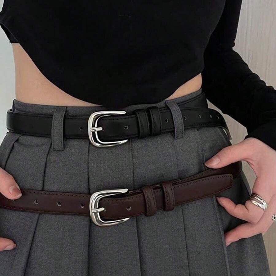 1pc Women's Flat Alloy Buckle PU Leather Belt, Fashion Casual Suitable For Outdoor, Party, Workplace Plain Casual PU Leather Buckle - Cà phê - Xem 1