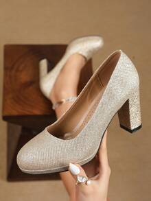 女士闪亮厚底坡跟圆头套脚高跟鞋，舒适透气缓震鞋垫，性感夜店舞鞋，金色 - 金色 - 查看 3