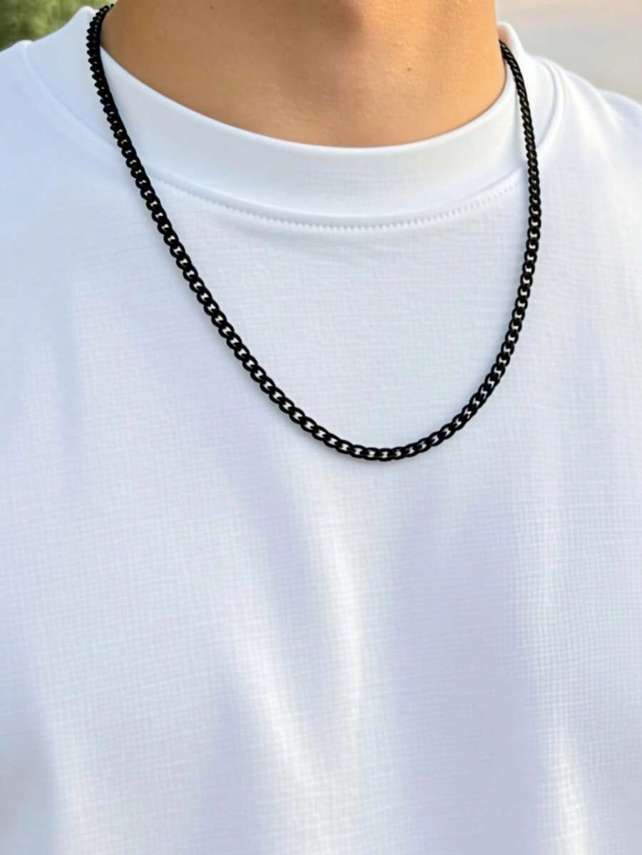 时尚男士不锈钢防水不褪色项链，简约银色，送给他的礼物 - 黑色 - 查看 1