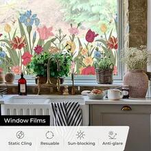 Window Privacy Film,Colorful Floral Window Stickers,Removable DIY Bouquet Static Clings, Decals For Home Schoolsss Office Party Supplies, Rhythm Of Flowers, 17.5inch X 78.7inch - 花之韻 - 查看 5