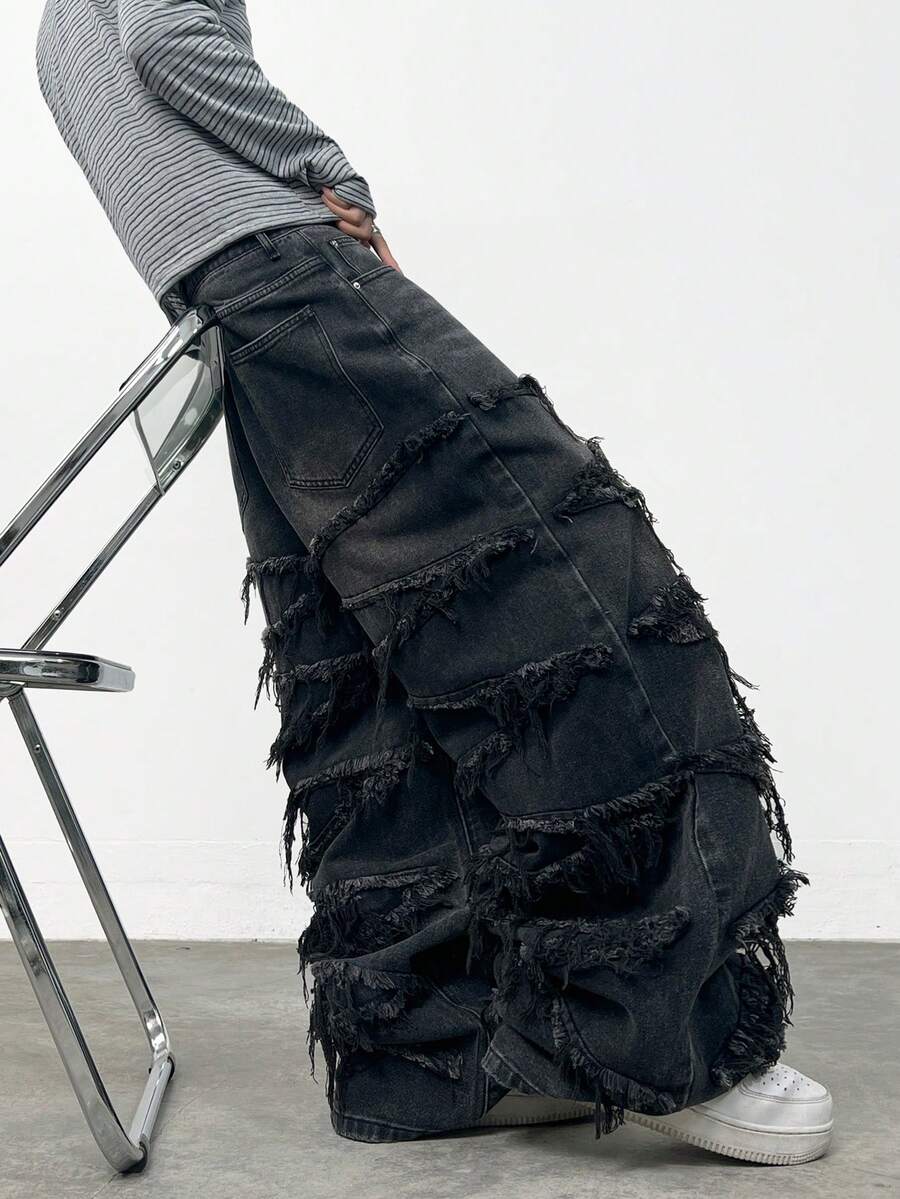 1件 Infinite Jeans 美国街头时尚男士拼接宽松舒适阔腿牛仔裤，四季皆宜的百搭牛仔裤（产品不含腰带和配饰） - 黑色 - 查看 1