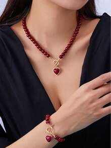 1 Set Of 2pcs Fashionable, Elegant And Romantic Red Faux Pearl Heart Pendant Necklace And Bracelet, Suitable As Valentine's Gift For Girlfriend - Multicolor - View 6