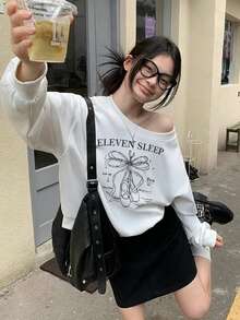 Women's Letter & Dance Shoes Print Drop Shoulder Long Sleeve Casual Ribbed Sweatshirt - White - View 8