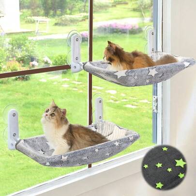 Cat Window Perch, Glow In The Dark Cordless Foldable Pet Hammock Bed For Window With Sturdy Metal Frame, Glowing Stars Pattern Resting Seat For Indoor Cats
