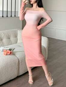 abyoxi 女士粉色渐变网纱拼接露肩长袖修身中长连衣裙，性感优雅，适合约会、派对、正式晚宴、度假、情人节、春夏等场合，紧身设计。 - 粉色 - 查看 6