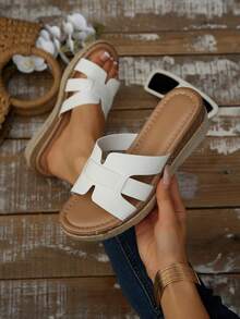 Women's European And American Style Woven Straw Rope Thick Bottom Fashionable Wedge Sandals, Summer Vacation Casual Wear - White - View 1