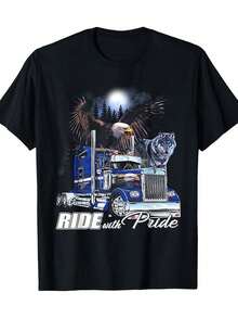 Men'S Ride With Pride Graphic T-Shirt - Black Crew Neck Casual Tee With Eagle & Wolf Design, Short Sleeve, Comfortable Fit, All-Season Wear, Casual Wear Tee | Bold Graphic Tee | Durable Print Shirt - Default - View 6