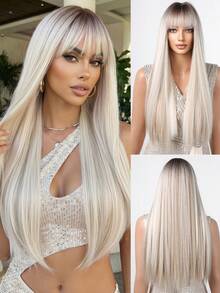 26英寸渐变直发假发，带刘海，适合女性，合成纤维假发，适合日常佩戴、派对、音乐节等场合。 - 漸層 - 查看 5
