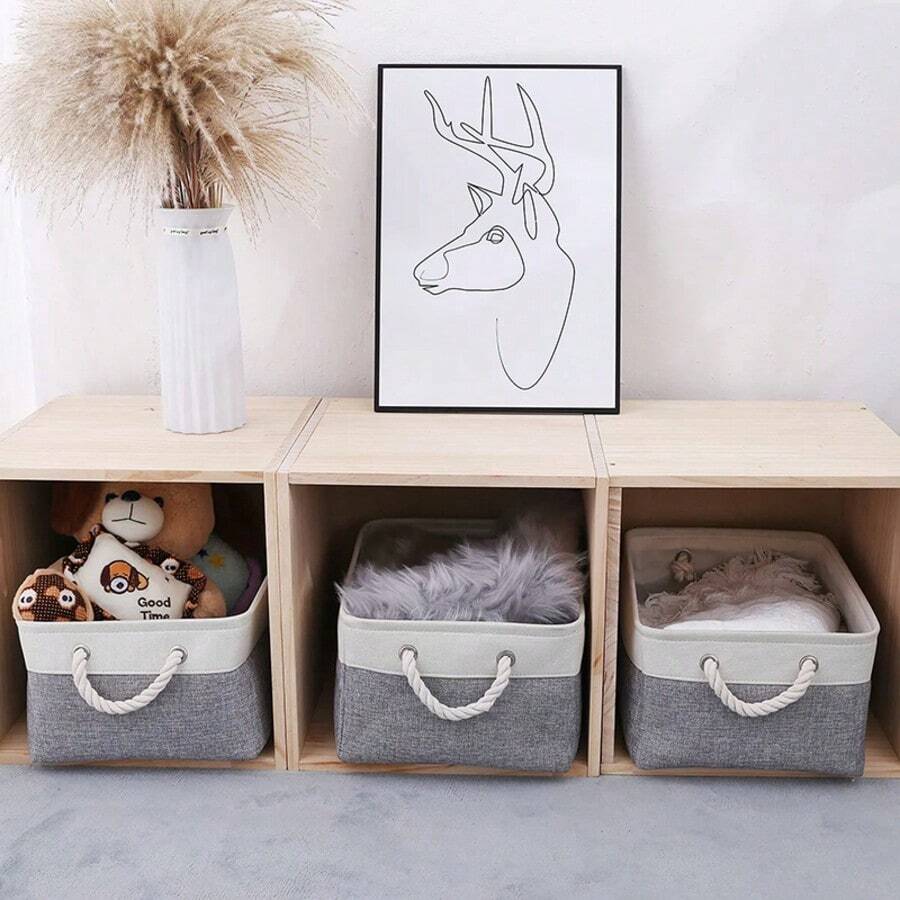 3 Sizes Available, 1 Foldable Desktop Storage Basket, Large Capacity With Handle, Can Be Used For Storing Toys, Linen Material, Also Can Be Used For Storing Dirty Clothes. - White and Gray - View 1