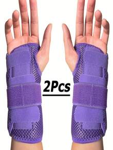 Wrist Brace Pair With Metal Splints, Adjustable Triple Strap Compression, Breathable Mesh Support, Left And Right Braces, Comfortable Fit For Sports, Typing, Daily Wear, Hand Washable Durable Polyester Blend, Hook And Loop Closure, Unisex Fit, Stable - 紫色 - 查看 7