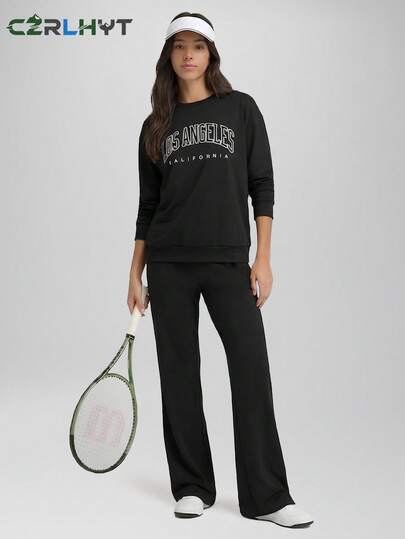 CZRLHYT 两件套女士纯色圆领长袖T恤和高腰阔腿裤套装，日常穿着